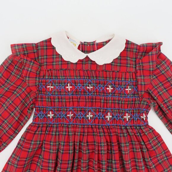 VTG Happy Kids Girls 5 Red Plaid Tartan Check White Collar Smocked Dress Holiday - Picture 2 of 13
